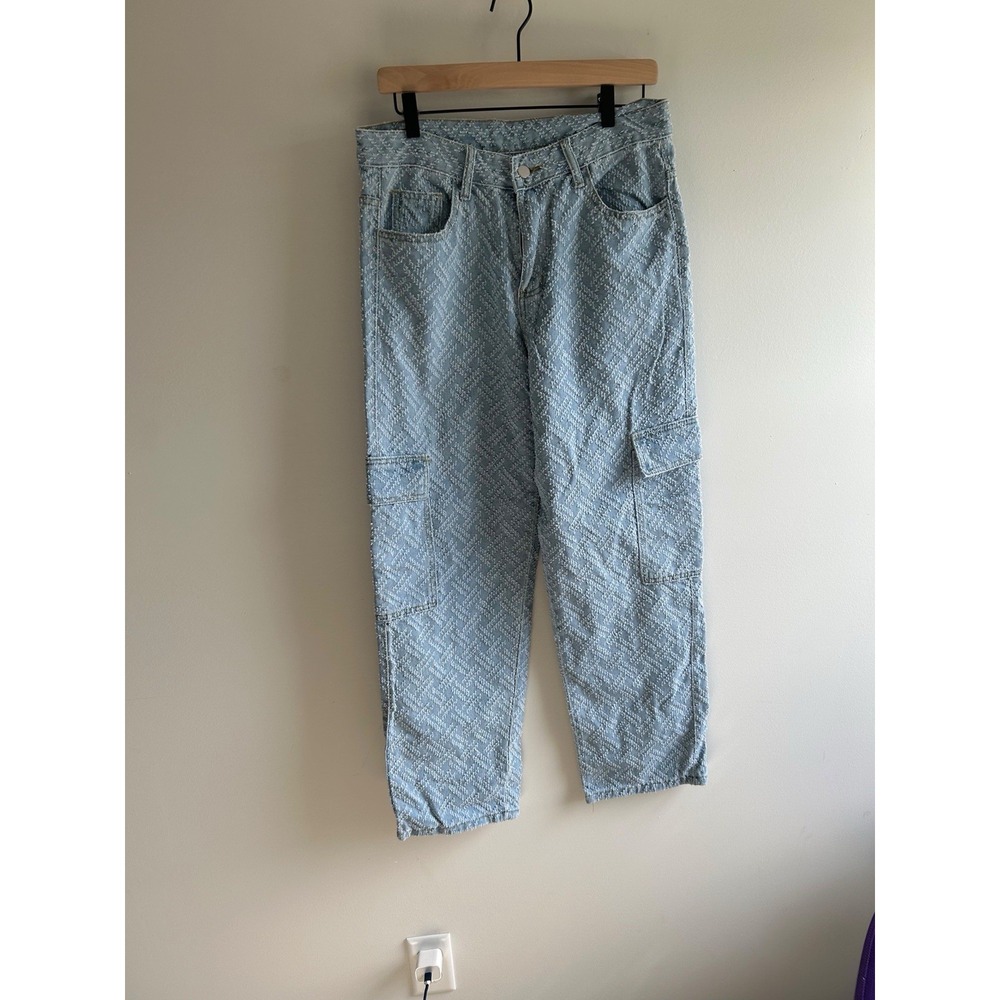 Chillumni Men Wide Leg Pocket Cargo Jeans Light Blue And White Light Wash Sz S